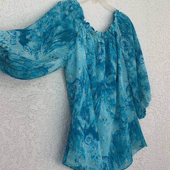 White House Black Market teal on/off the shoulder clip dot lined blouse size XS - Picture 4 of 9